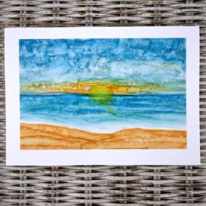 Alcohol Ink Sunrise Print Greeting Card, Beach Sunrise Card, Blank Inside, 5 x 7 Card