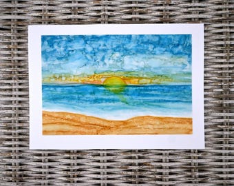 Alcohol Ink Beach Sunrise Greeting Card, Abstract Coastal Art