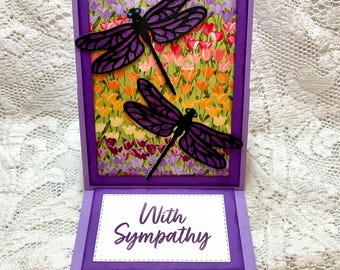 Dragonfly Sympathy Card: Purple Easel Design, Blank Inside