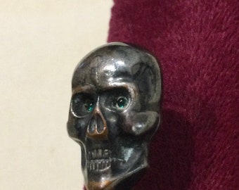 RARE Antique Victorian MEMENTO MORI Stick Pin ~ Skull with Tiny Emerald Green Glass Eyes