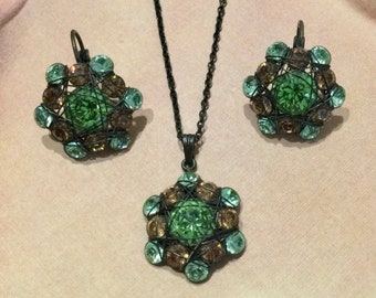 Vintage Pendant Necklace & Pierced Earrings Set ~ KONPLOTT by Miranda ~ Antiqued Setting w/ Wire Wrapped Green and Smokey Topaz Rhinestones