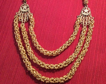 1970's Vintage Gold Plated Costume Jewelry Triple Strand Necklace ~  Intricately Woven Heavy Byzantine Chains w/ Star in Hand Connectors