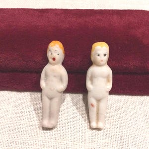 2 Small 1-1/2” Tall  Antique Painted Bisque Frozen Charlotte Dolls ~ Dollhouse Miniatures ~ Penny Dolls