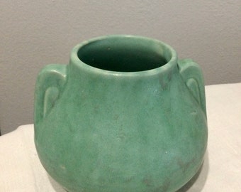 Vintage 1930’s Brush McCoy Art Pottery Flower Vase - Green Matte Mottled Vellum Glaze - Mid Century Modern