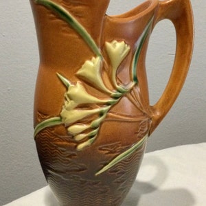 Beautiful 1940’s Vintage Roseville Art Pottery Ceramic Pitcher - Burnt Orange & Brown Earth Tones Matte Glaze - FREESIA Flower 20-10” -
