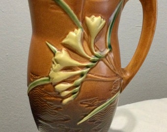 Beautiful 1940’s Vintage Roseville Art Pottery Ceramic Pitcher - Burnt Orange & Brown Earth Tones Matte Glaze - FREESIA Flower 20-10” -