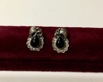 Vintage Sterling Silver Black Onyx Teardrop Pierced Earrings ~ Handmade Southwest Native American