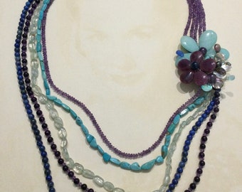 Bold Multi Strand Beaded Natural Gemstone Necklace ~ Purple Amethyst,  Aquamarine, Lapis Lazuli, Turquoise Blue w/ LARGE Flower Focal Piece