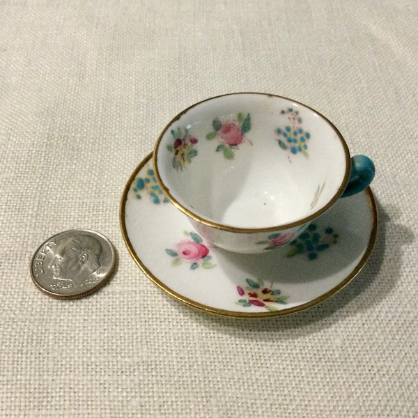 Adorable Vintage Made in England Staffordshire Miniature Tea Cup and Saucer Set ~ Floral Design