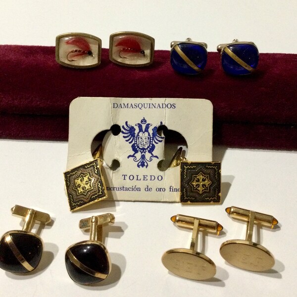 5 Pairs of Vintage Cufflinks ~ Cabochons, Gold Filled, Fishing Fly, Damascene ~ Wear Parts Pieces Reuse Jewelry Supply