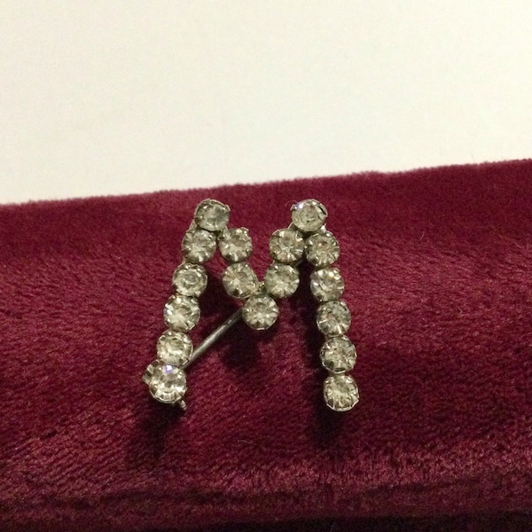 Vintage Initial Pin Brooch ~ Rhodium Plated with Rhinestones ~ Letter “M” or “W” ~ 1950’s  Costume Jewelry ~ Monogram Parts Supply Piece