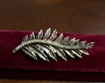 Vintage 1940’s Heavy Sterling Silver with Clear Rhinestones LEAF Pin Brooch ~ Mid Century Modern Coat, Jacket or Sweater Brooch