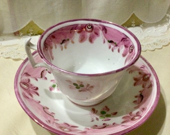 Late 1800’s Antique Victorian Vintage Pink Luster Ware Floral Porcelain Fine China Tea Cup & Saucer Set