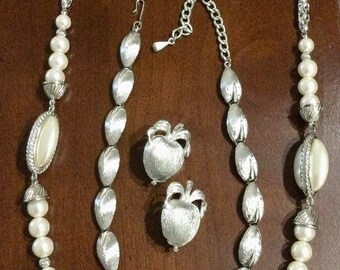 Vintage Jewelry LOT ~ Designer Brushed Silver Pearl Costume ~ Kramer and Richelieu Necklaces,  Sarah Cov Apple and Large Button Earrings