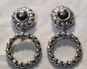 Gorgeous Vintage Signed SWAN SWAROVSKI Crystal Silver Door Knocker Hoop Clear Rhinestone Clip On Earrings ~ Formal Evening Wedding Jewelry