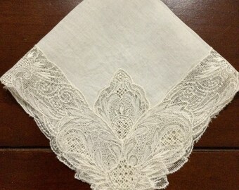 Gorgeous Antique Vintage White Linen Handkerchief ~ with Ornate Deep Lace Trim WEDDING Hanky