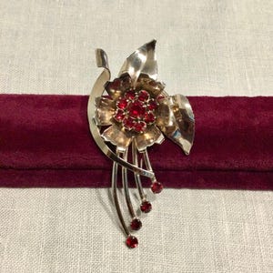 Large Art Deco 1940&#39;s Vintage Retro Stylized Floral Spray Pin Brooch ~ Sterling Silver with Rose Gold Wash and Red Rhinestones