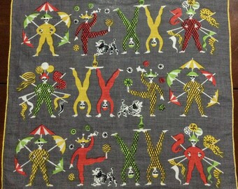 Vintage TAMMIS KEEFE Hanky Handkerchief ~ Circus Harlequin Performers Acrobats & Poodle Dogs