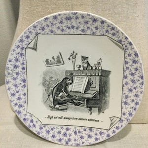 Antique Victorian Plate ~ Cat with Monkey ~ Tiny Purple Flowers Border ~ 1890’s Transfer Ware ~ Germany