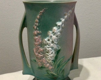 Vintage 1930’s Roseville Art Pottery Ceramic Vase - Green and Pink Matte Glaze - FOXGLOVE Flower 48-8” - Excellent Condition