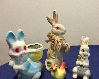 LOT of Old Vintage Paper Mache and Chalkware Easter Decorations ~ Bunny Rabbits and Chicken