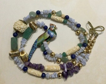 Natural Polished Gemstone Statement Necklace ~ Amethyst Aventurine Sodalite with Large Cloisonné and Brass Enamel Tropical Bird Focal Piece