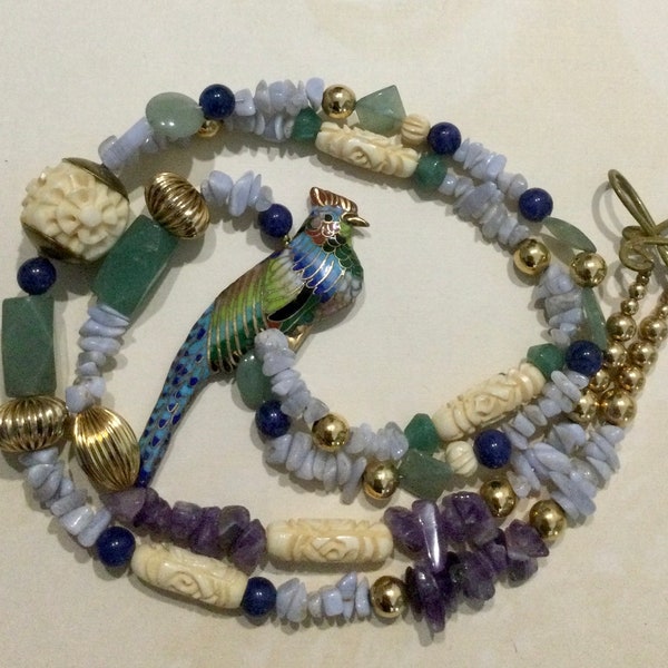 Natural Polished Gemstone Statement Necklace ~ Amethyst Aventurine Sodalite with Large Cloisonné and Brass Enamel Tropical Bird Focal Piece