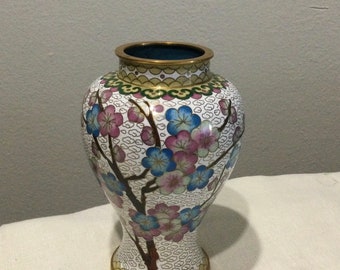 Vintage Chinese Export CLOISONNÉ Enamel Flower Cabinet Vase ~ Pink and Blue Floral with Butterfly ~ Beautifully Detailed Design ~