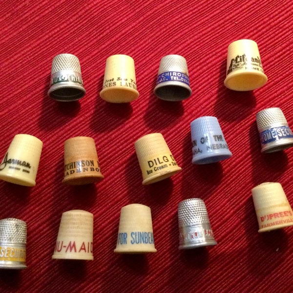 Antique & Vintage Sewing Thimble Lot of 14 ~ Plastic and Aluminum Advertising ~ Fun Old Collectible Lot