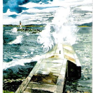 May include: A watercolour painting of a wooden pier extending into a stormy sea. Waves crash against the pier, creating a spray of white foam. A lighthouse is visible in the distance.