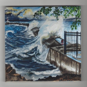 May include: Watercolour painting of a stormy seascape with crashing waves against a concrete seawall. The painting features a lighthouse in the distance and a dark sky with a hint of sunlight.