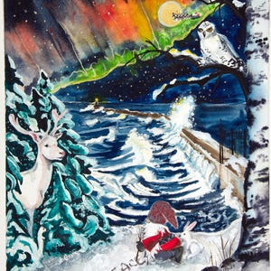 May include: A watercolour painting depicting a winter scene with a white reindeer, a gnome, a white owl, and a snowy landscape. The painting features a vibrant aurora borealis in the sky and the word "Peace" written in the snow.