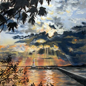 May include: A painting depicting a lighthouse on a pier with a dramatic sunset sky. The sky is filled with dark clouds and bright rays of light. The lighthouse is white with a red stripe and stands on a pier extending into the water. The water is calm and reflects the colours of the sky.