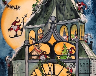 Gnomes wild Christmas Eve at the Savings Bank Building clock tower.