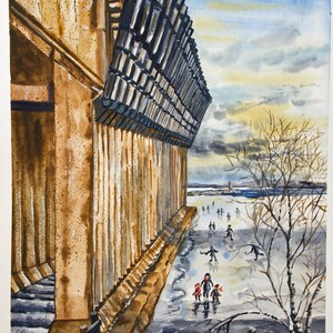May include: Watercolor painting of a wooden structure with a sloped roof, possibly a salt mine or similar building. People are ice skating on a frozen body of water in front of the structure. The sky is blue with some clouds.