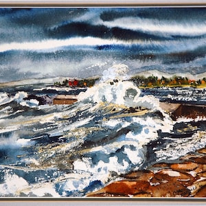 May include: A watercolour painting depicting a stormy seascape with crashing waves against a rocky shore. A red lighthouse stands on a small island in the distance. The sky is dark and cloudy, with hints of blue and white.