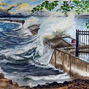 May include: A watercolour painting depicting a stormy seascape with waves crashing against a concrete pier. The water is a deep blue with white foam, and the sky is a light blue with grey clouds. A red buoy is visible in the water.