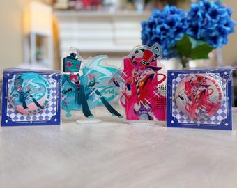 Hazbin Hotel Vox and Valentino Acrylic standee and badges set