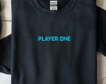 Matching Gamer Embroidered Sweatshirts | Player 1 and Player 2 Tees | Couples Gaming Gift | Nerdy Gamer Tops | Retro Embroidery