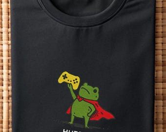 Huzzah Frog Gamer Shirt | Embroidered Gaming Tee | Nerdy Geek Gift | Funny Frog Shirt