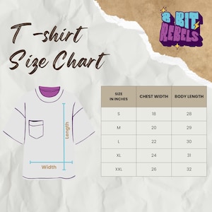 K&ouml;nnte beinhalten: Eine T-Shirt-Gr&ouml;&szlig;entabelle mit Ma&szlig;en in Zoll. Die Tabelle enth&auml;lt Brustweite und K&ouml;rperl&auml;nge f&uuml;r die Gr&ouml;&szlig;en S, M, L, XL und XXL. Links ist eine Illustration eines wei&szlig;en T-Shirts. Der Text "8 Bit Rebels" befindet sich oben rechts.