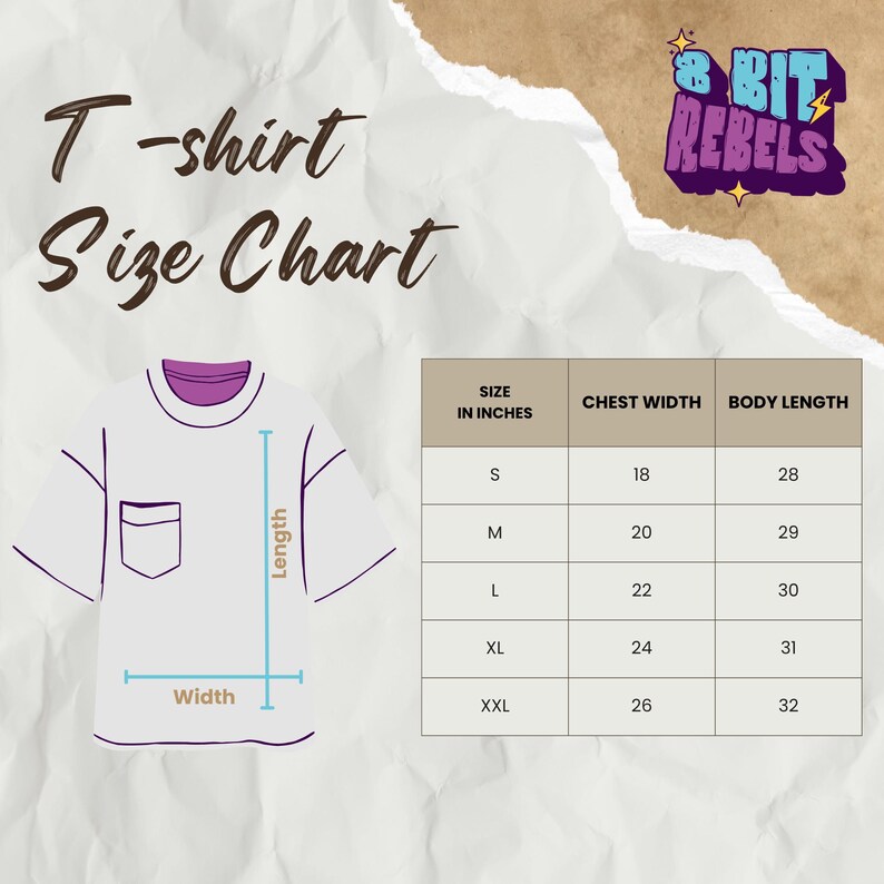 K&ouml;nnte beinhalten: Eine T-Shirt-Gr&ouml;&szlig;entabelle mit Ma&szlig;en in Zoll. Die Tabelle enth&auml;lt Brustweite und K&ouml;rperl&auml;nge f&uuml;r die Gr&ouml;&szlig;en S, M, L, XL und XXL. Links ist eine Illustration eines wei&szlig;en T-Shirts. Der Text "8 Bit Rebels" befindet sich oben rechts.