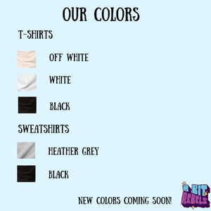 K&ouml;nnte beinhalten: Grafik mit den verf&uuml;gbaren Farben f&uuml;r T-Shirts und Sweatshirts. Die T-Shirt-Farben sind Off-White, Wei&szlig; und Schwarz. Sweatshirt-Farben sind Heather Grey und Schwarz. Der Text lautet "Unsere Farben" und "Neue Farben kommen bald!"
