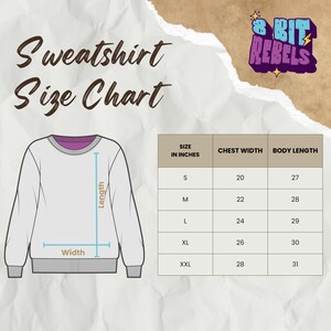 K&ouml;nnte beinhalten: Eine wei&szlig;e Sweatshirt-Gr&ouml;&szlig;entabelle mit Ma&szlig;en in Zoll. Die Tabelle enth&auml;lt Brustweite und K&ouml;rperl&auml;nge f&uuml;r die Gr&ouml;&szlig;en S, M, L, XL und XXL. Der Text "Sweatshirt Size Chart" steht oben.