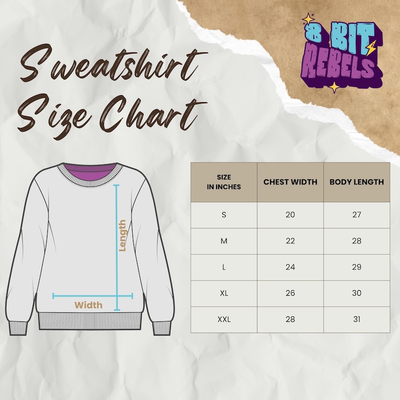 K&ouml;nnte beinhalten: Eine wei&szlig;e Sweatshirt-Gr&ouml;&szlig;entabelle mit Ma&szlig;en in Zoll. Die Tabelle enth&auml;lt Brustweite und K&ouml;rperl&auml;nge f&uuml;r die Gr&ouml;&szlig;en S, M, L, XL und XXL. Der Text "Sweatshirt Size Chart" steht oben.