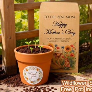 May include: A terracotta pot with young sprouts, a 'Thank You' sticker, and scattered seeds. A Mother's Day card reads 'Happy Mother's Day' with a garden illustration. The image also includes the text 'Wildflower Seeds Free Pot Included'.