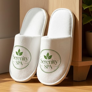 Op de afbeelding: Een paar witte spa-slippers met het "Serenity SPA" logo in groen en wit. De slippers zijn gemaakt van een zacht, pluche materiaal. Ze staan op een houten oppervlak, wat een ontspannen sfeer suggereert.