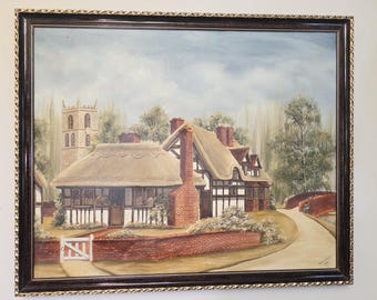 Original 1977 Helen Dedrick Oil Painting "Cottage at the Bridge" - Welford-on-Avon English Landscape