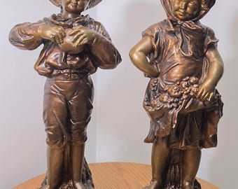 Vtg 1969 Orlpac Industries "Harvest Pickin' Boy & Girl" Statue Set Chalkware Bronze Patina (Read Description)