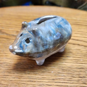 Vintage 4" Studio Pottery Piggy Bank - Hand-Blown Blue & Brown Marble Glaze - Artisan Folk Art Coin Bank